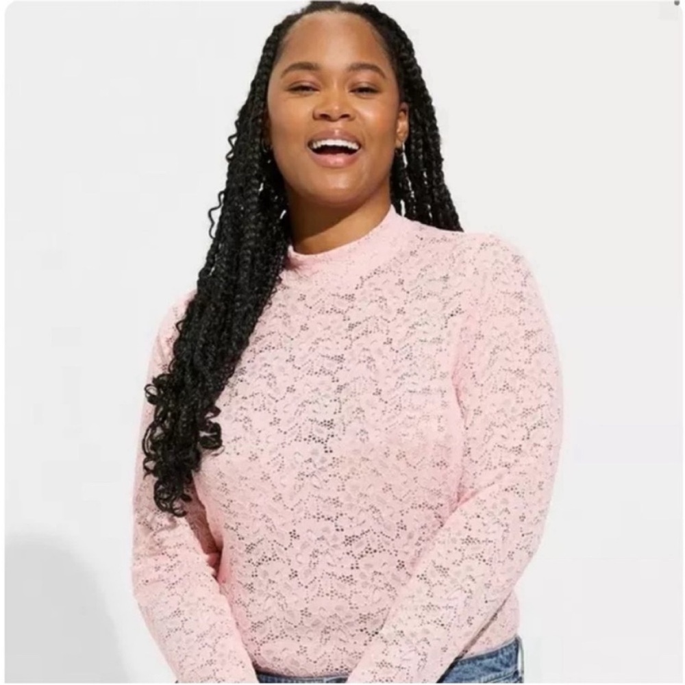 Torrid Mock Neck Top Lace Floral Shirt Long Sleeve Blouse Pink Size 0 Large 12